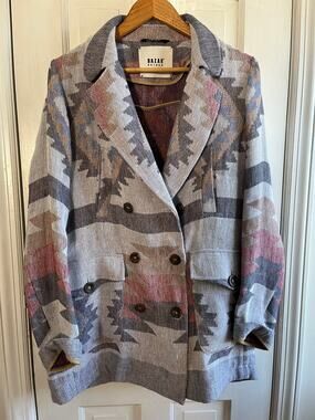 Bazar Deluxe Italian Aztec Geometric Coat Double Breasted Wool Blend EU 46 US L